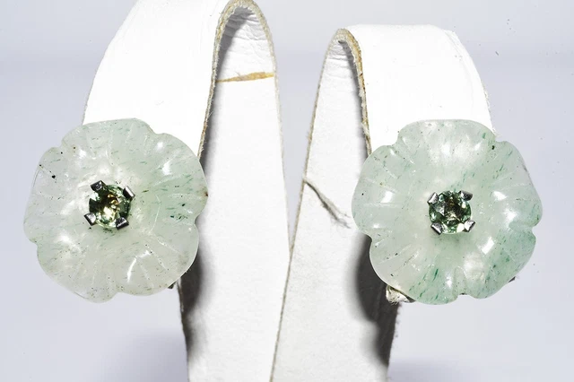 15.00Ct Natural Green Aventurine & Sapphire Stud W/ Jacket Flower Earrings Gold 15.00Ct Natural Green Aventurine & Sapphire Stud W/ Jacket Flower Earrings Gold