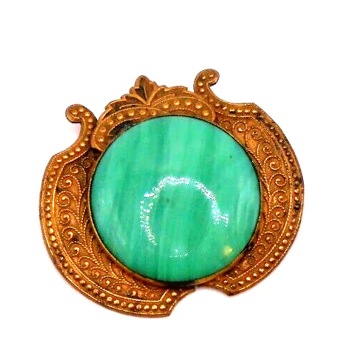 Art Nouveau Era~Sash Pin~Gilded Brass~Large Green Bezel Set Cabochon~circa 1900