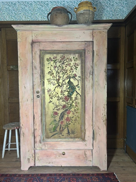 Vintage Painted Pine Armoire/Wardrobe With Inlaid Chinoiserie
