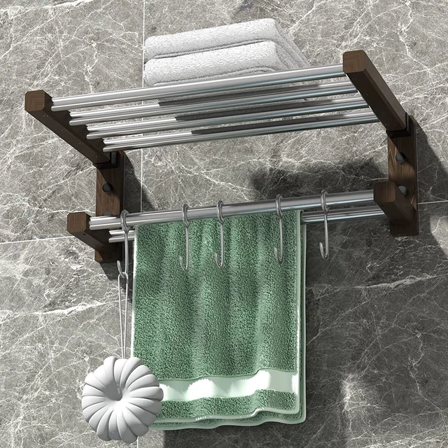 18 Inch 90° Foldable Bath Towel Shelf Towel Rack with 2 Towel Bars 5 Towel Hooks