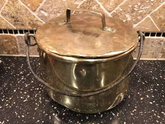 Antique 19th Century Brass Kettle with Lid And Forged Iron Handle