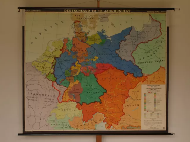 Deutschland 19.Jh Deutscher Österreich Preussen ~1965 Schul-Wandkarte 195x164cm