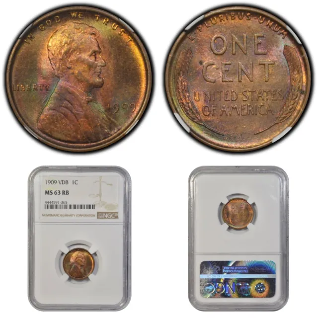 1909 VDB Lincoln Wheat Cent Penny NGC MS63RB - Pretty Rainbow Toning