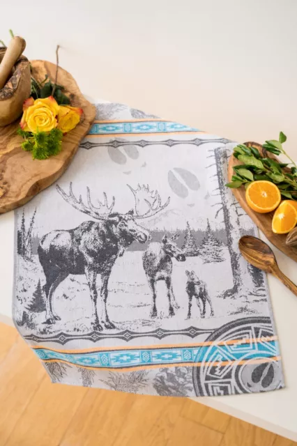 Moose Jacquard Kitchen Dish/Tea Towel Black Turquoise Yellow 100% Cotton Czech