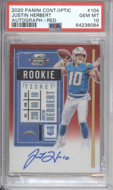 2020 Panini Contenders Optic Justin Herbert Rookie Ticket Auto Red /199 Psa 10