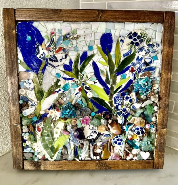 Handmade Mixed Media Wall Art~ Flowers Vines Stained Glass, Ceramic, Found Items