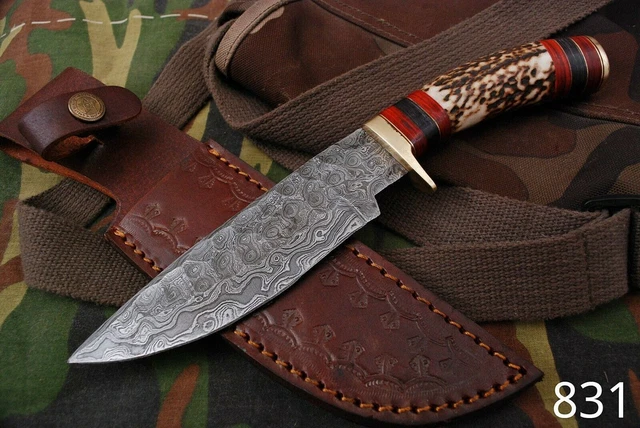 Custom Hand Made Forged Damascus Steel Hunting Bowie Knife handle Deer antler