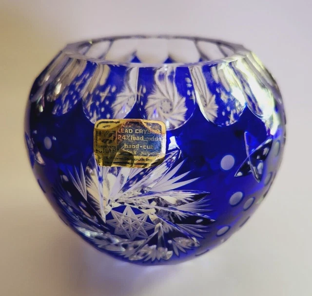 Vintage Royal Blue hand cut to clear Lead crystal rose bowl ~ German