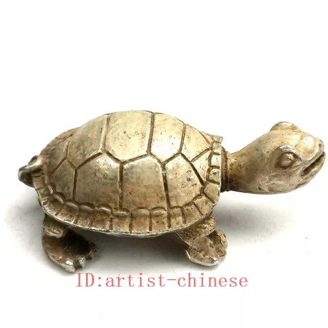 L 6.5 CM Old Chinese Tibet Silver Carving Turtle Statue Decoration Collection