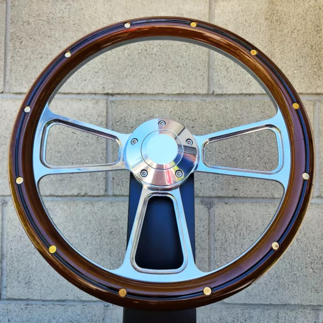 14" Billet Steering Wheel Mahogany Wood Brass Rivets Chevy Muscle C10 Ford Rod