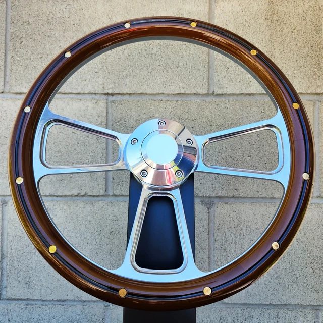 14" Billet Steering Wheel Mahogany Wood Brass Rivets Chevy Muscle C10 Ford Rod