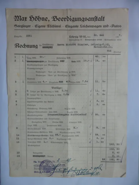f_alte Rechnung~1937_Leipzig W32_Bestattung/Beerdigung_Leichenwagen_Südfriedhof