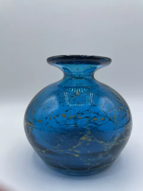 Cobalt Blue Art Glass Vase Signed “Molino 06’” Yellow Swirls Handblown 3.5”