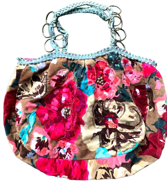 Vintage Samt Rose Schultertasche gemusterte Blumenpailletten Made in India