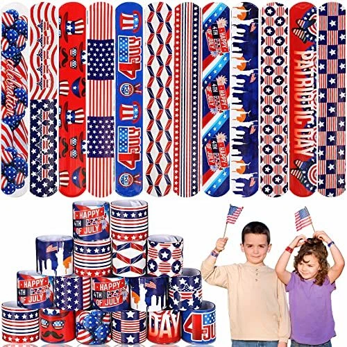 4th of July Slap Bracelets, 56 Pcs Patriotic Party Favors for Kids Slap Bands