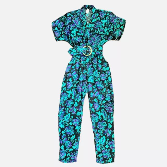 Vintage 80s Black Floral High Waisted Belted V-Neck Jumpsuit Romper Small Medium