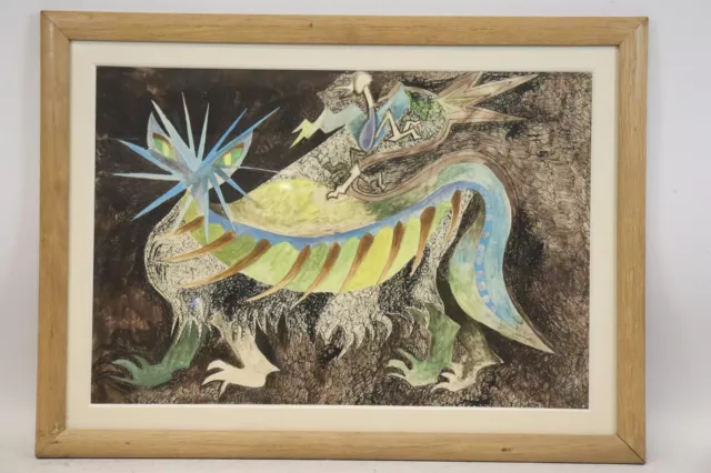 Fabelwesen Drache Surrealismus Mischtechnik Zeichnung signiert 20.Jhd (BG8992)