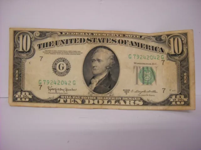 $10 Federal Reserve Note, 1950D Chicago Series D, G7, G79242042G, Ten Dollars