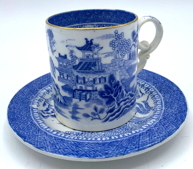 Juego de platillos de taza Copeland azul sauce Demitasse años 1850-90 antigua Inglaterra Spode