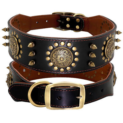 Spiked Studded Genuine Leather Dog Collar Heavy Duty Wide Padded Pet Collars