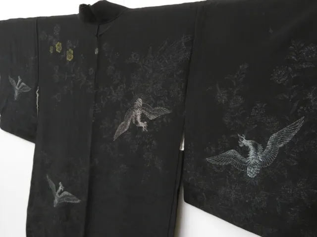 1501T06z570 Vintage Japanese Kimono Silk HAORI Black Phoenix
