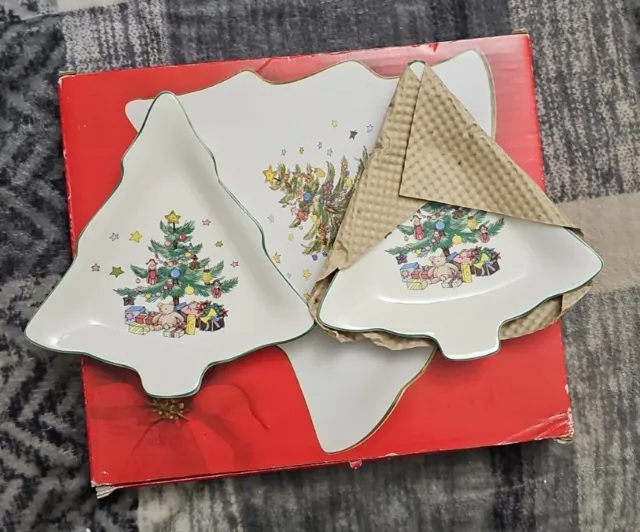 Pair of Nikko Christmastime Christmas Tree Candy Dishes Porcelain 6" New In Box