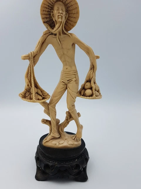 Vtg Chinese 12” Old Man Carrying Fruit Resin Figurine Ivory Effect Ornate Base