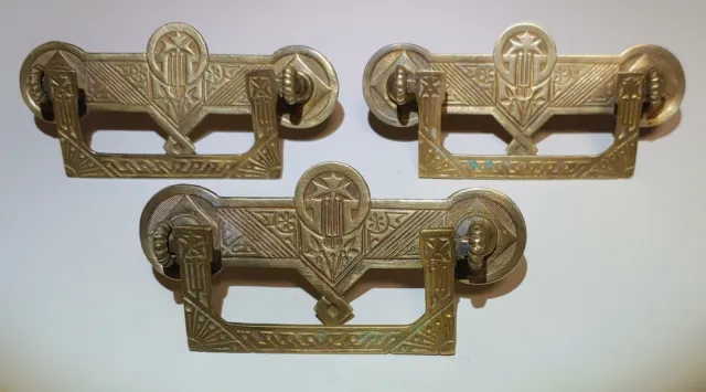 Three Antique Brass Eastlake Victorian 4" Drawer Pulls - 3" Center