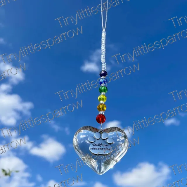 Sun Catcher Pet Loss Memorial Keepsake ~ Rainbow Bridge ~ Glass Heart Paw Charm