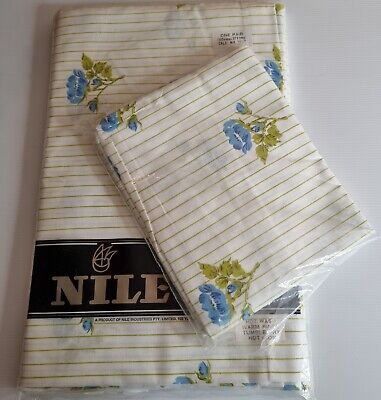 VTG Sheet Pair & Pillowcase Pair Blue Flowers With Stripes New In Pack Cottage