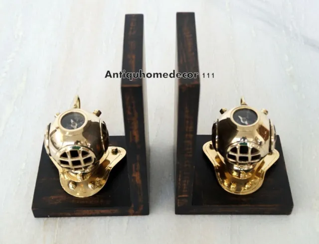 Vintage Brass Diving Helmet Compass Wooden Bookend Home & Table Top Decor Gift