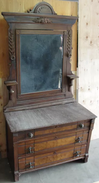 Antique American Eastlake Walnut Dresser & Mirror With Rose Granite Top C 1880