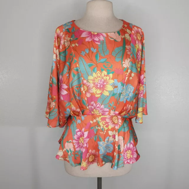 Umgee Womens Small Orange Teal Floral Print Kimono Sleeve Peplum Boho Top NWT