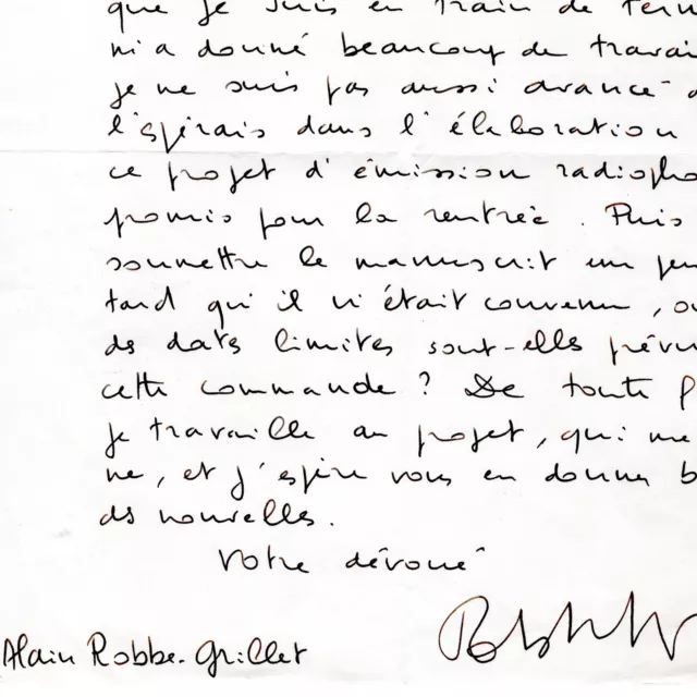 ROBBE-GRILLET Lettre autographe signée au sujet de L'Immortelle