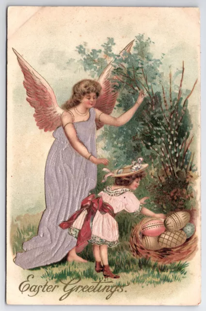 Vintage Postcard C1910 Easter Greetings Angel Girl Eggs Real Silk Clothes