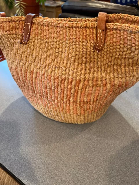 Vtg Sisal Market Jute  Tote Bag Art Woven Raffia Bucket Basket Leather