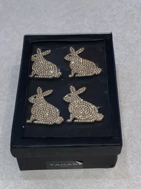 Tahari Home Easter Rabbit Bunny Rhinestone Gold Napkin Rings Set of 4 New