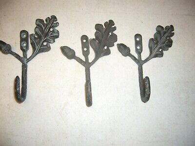 Wall Hooks Set Of 3 Acorn Cast Iron Oak Leaf 5" Never Used Aged Bronze Finish