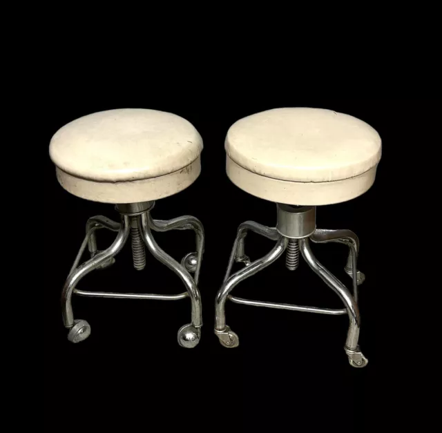 Vintage MCM Pedigo Chrome Swivel Doctors Chair Rolling Stool Lot of 2 ~ As Is