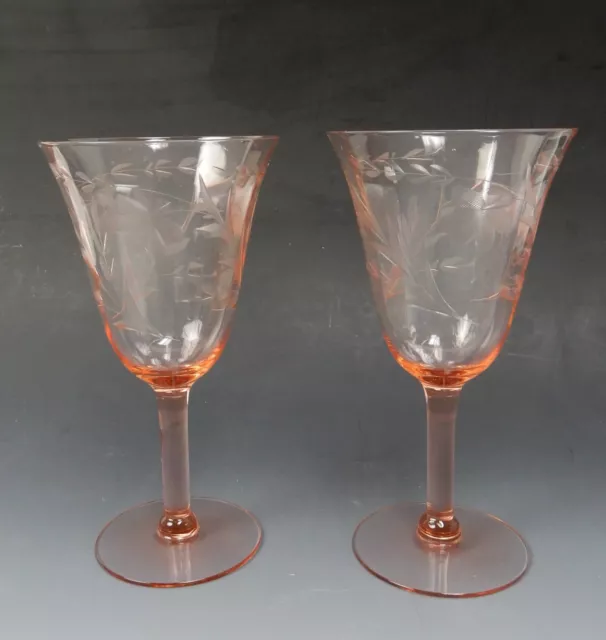 Set Of 1950's 2 Pink Optic Depression Footed Etch Glass Wine Glasses 8oz