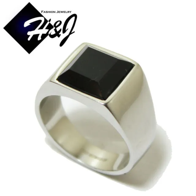 Men's Stainless Steel Black Square Onyx Silver Tone Ring Size 7-13