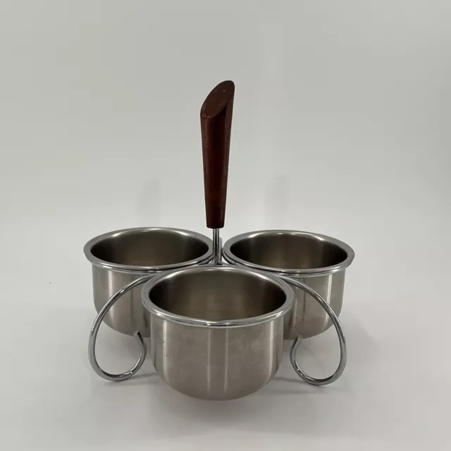 Vintage Retro MCM Stainless Steel 3 Bowl Condiment Server Caddy Wood Handle