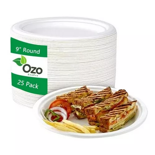 Sugarcane Plates Round 9" 25 Packets By Ozo EcoPro