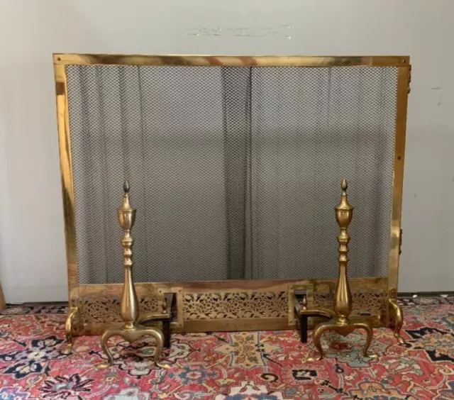 VTG Hollywood Regency Brass Fireplace Mesh Pull Screen and Andirons