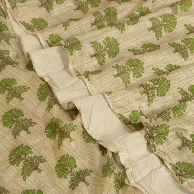 Sanskriti Vintage Sarees Indian Cream/Green Pure Silk Printed Sari Craft Fabric 2
