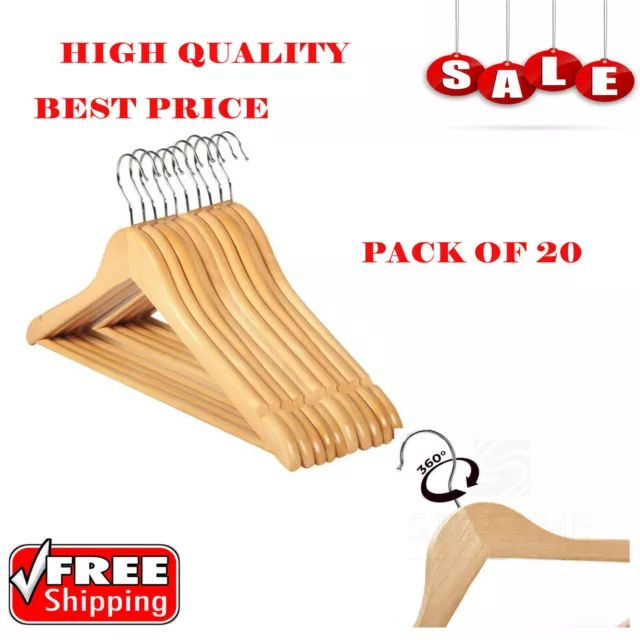 20 X Wooden Coat Hangers Suit Garments Clothes Wood Hanger Trouser Bar Set