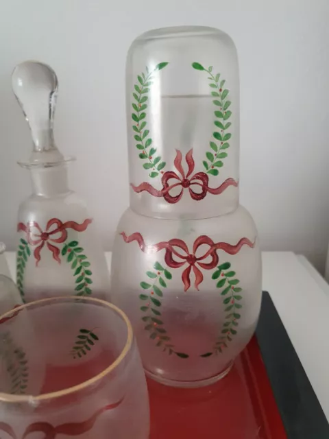 (K1) Jugendstil satiniert Glas Emaille Malerei Schleife Frisier tisch Garnitur 2