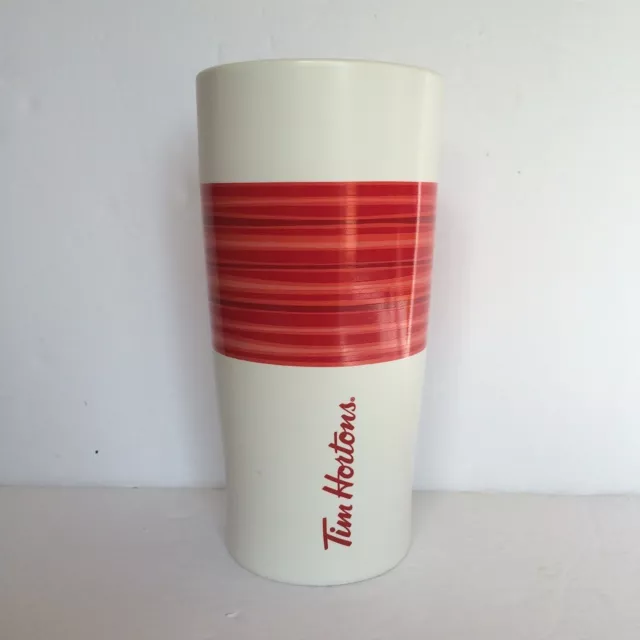 Tim Hortons Ceramic Travel Mug White Red Orange Stripes Lid Limited Edition 2015