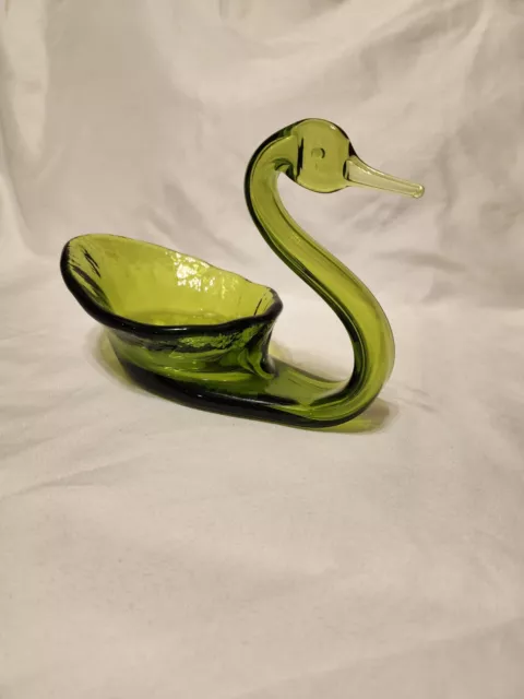 Vintage Green Glass Swan Candy/Trinket  Dish~ 7.5" Long x 4" Wide x 5.5" Tall