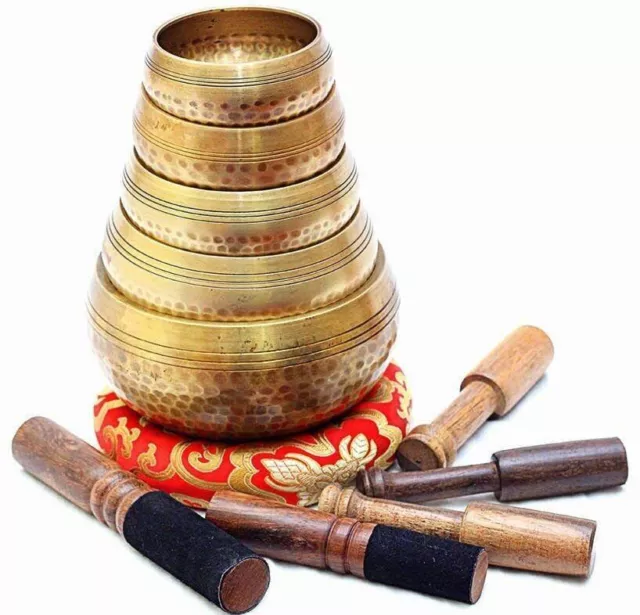 Handbeaten Tibetan Singing Bowl Set of 5 Hand Hammered Buddhist Meditation &yoga